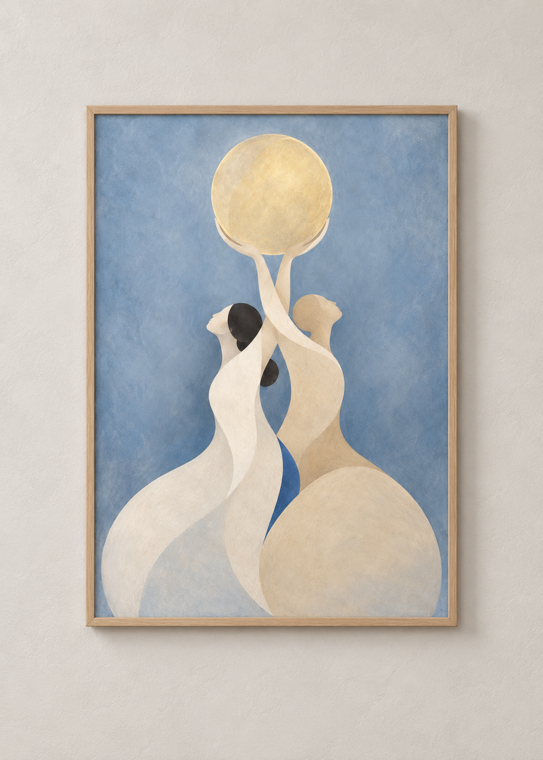 Holding the Light art print in a natural oak frame, shown at 50 x 70 cm