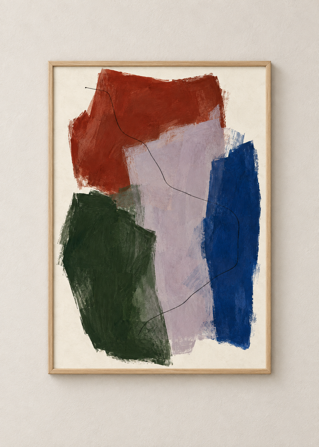 Improvised Fields No. 01 art print in a natural oak frame, shown at 50 x 70 cm