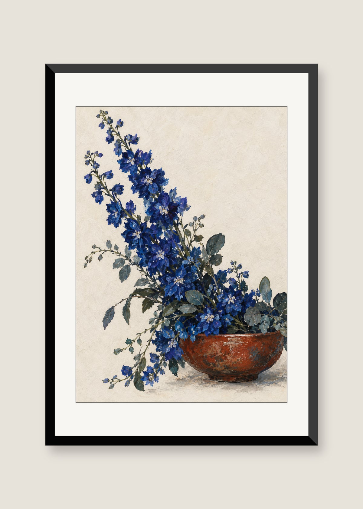 Indigo Cascade, White mat with black frame