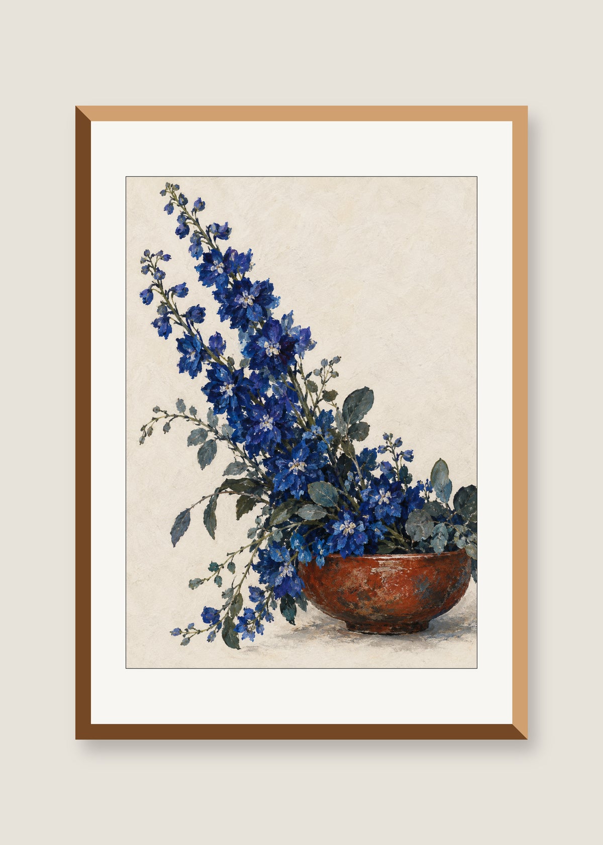 Indigo Cascade, White mat with natural oak frame