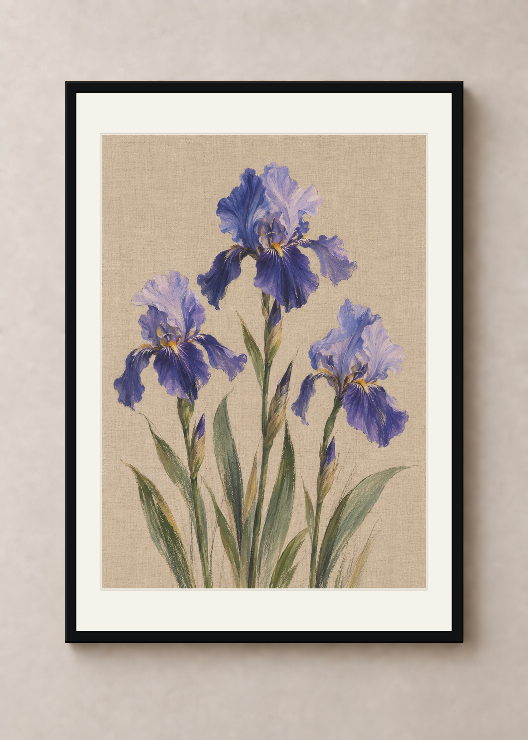 Iris on Linen, black Classic frame with Snow White mount, shown at 50 x 70 cm