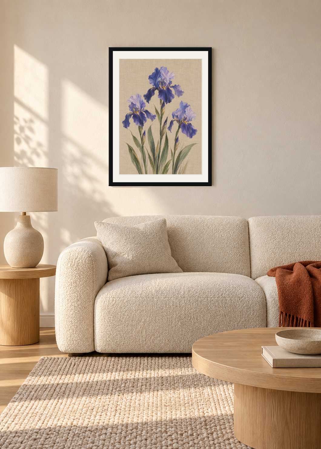Iris on Linen, black framed lifestyle presentation with Snow White mount