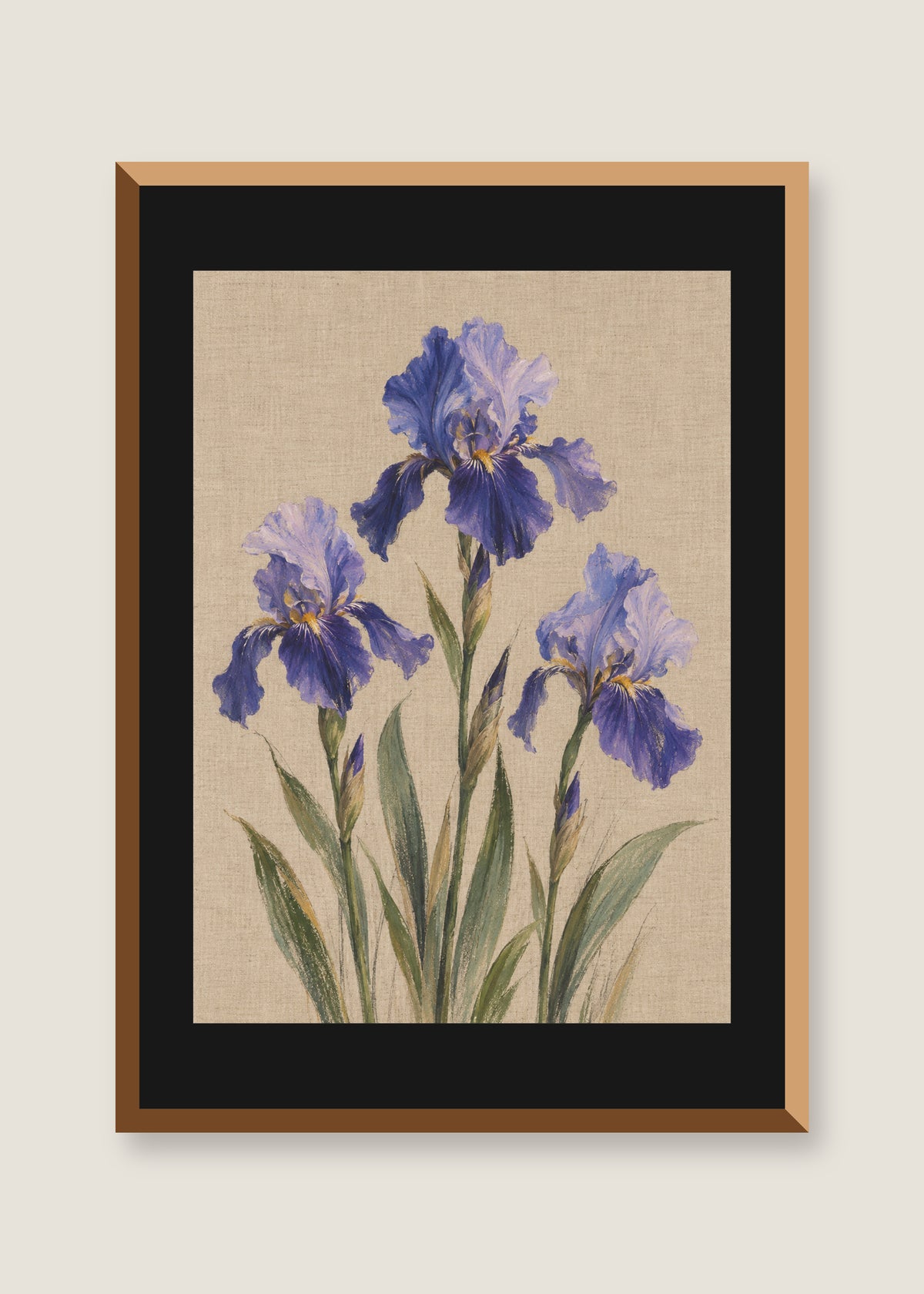 Iris on Linen, Black mat with natural oak frame