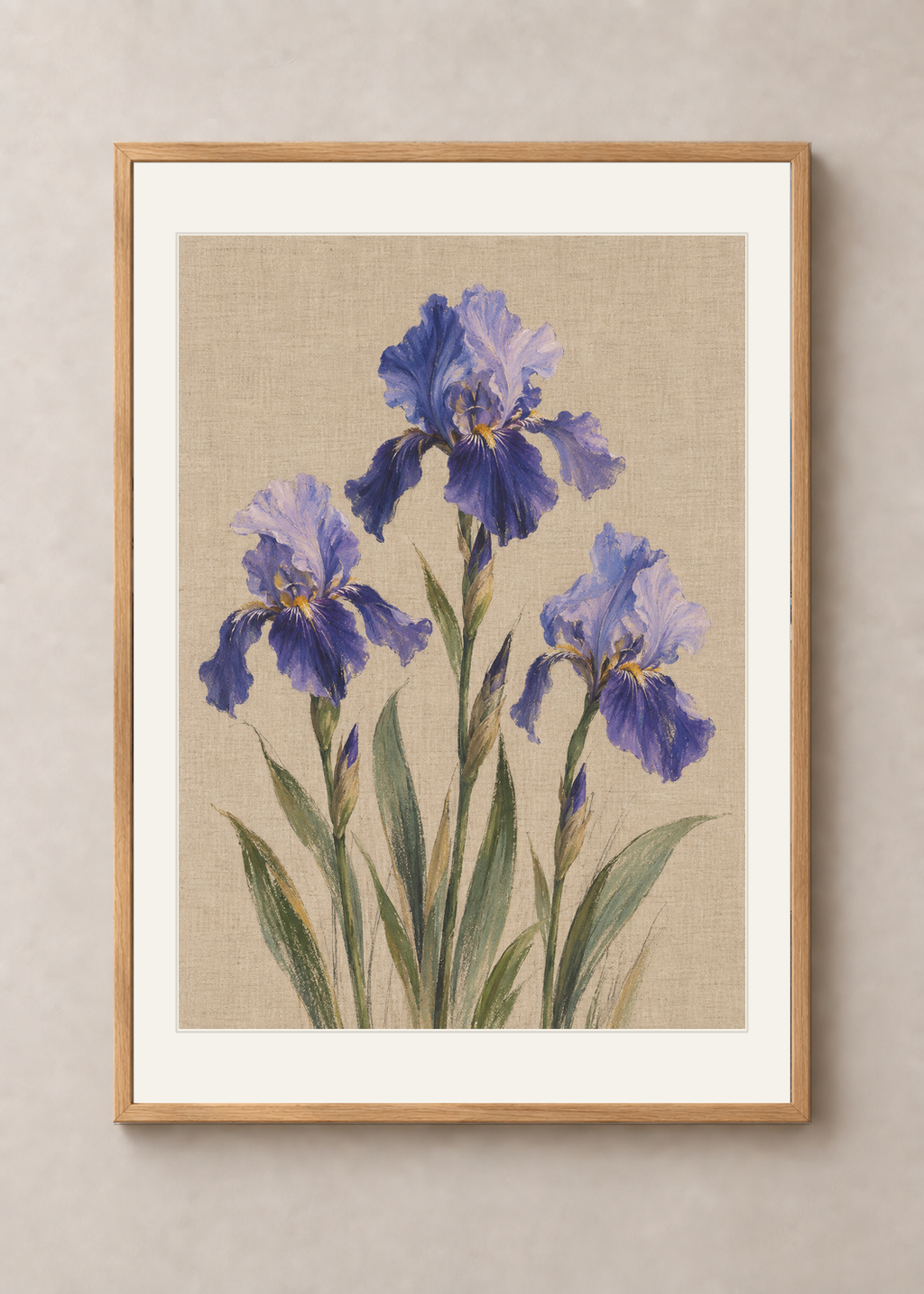 Iris on Linen, natural oak Classic frame with Snow White mount, shown at 50 x 70 cm