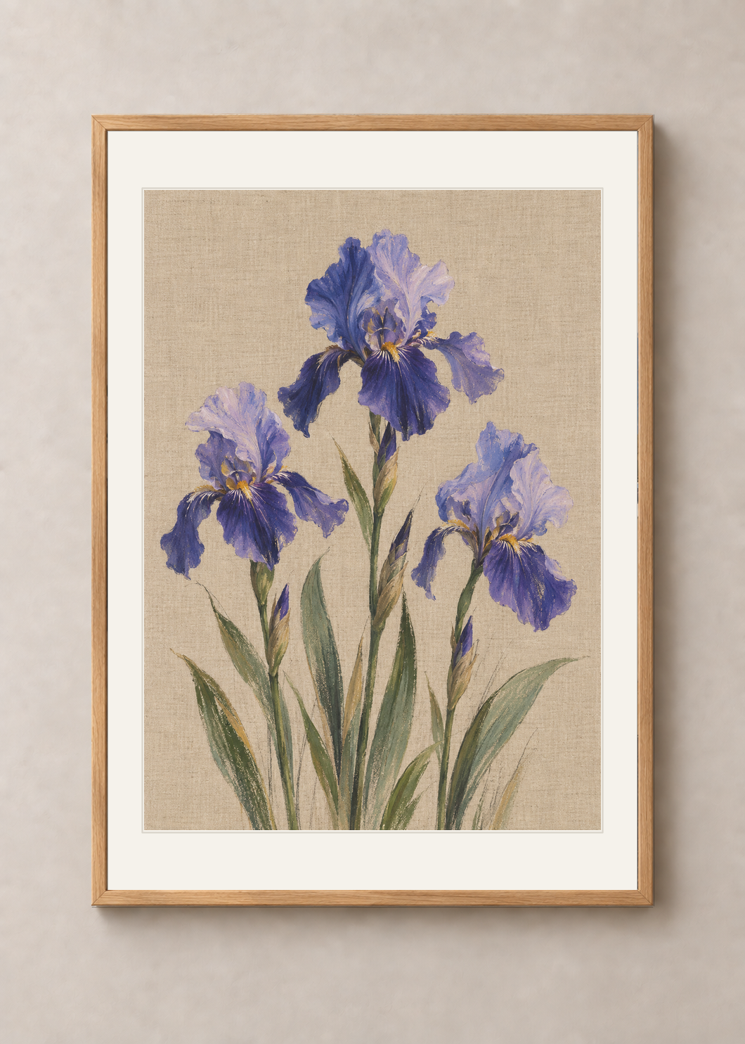 Iris on Linen, natural oak Classic frame with Snow White mount, shown at 50 x 70 cm