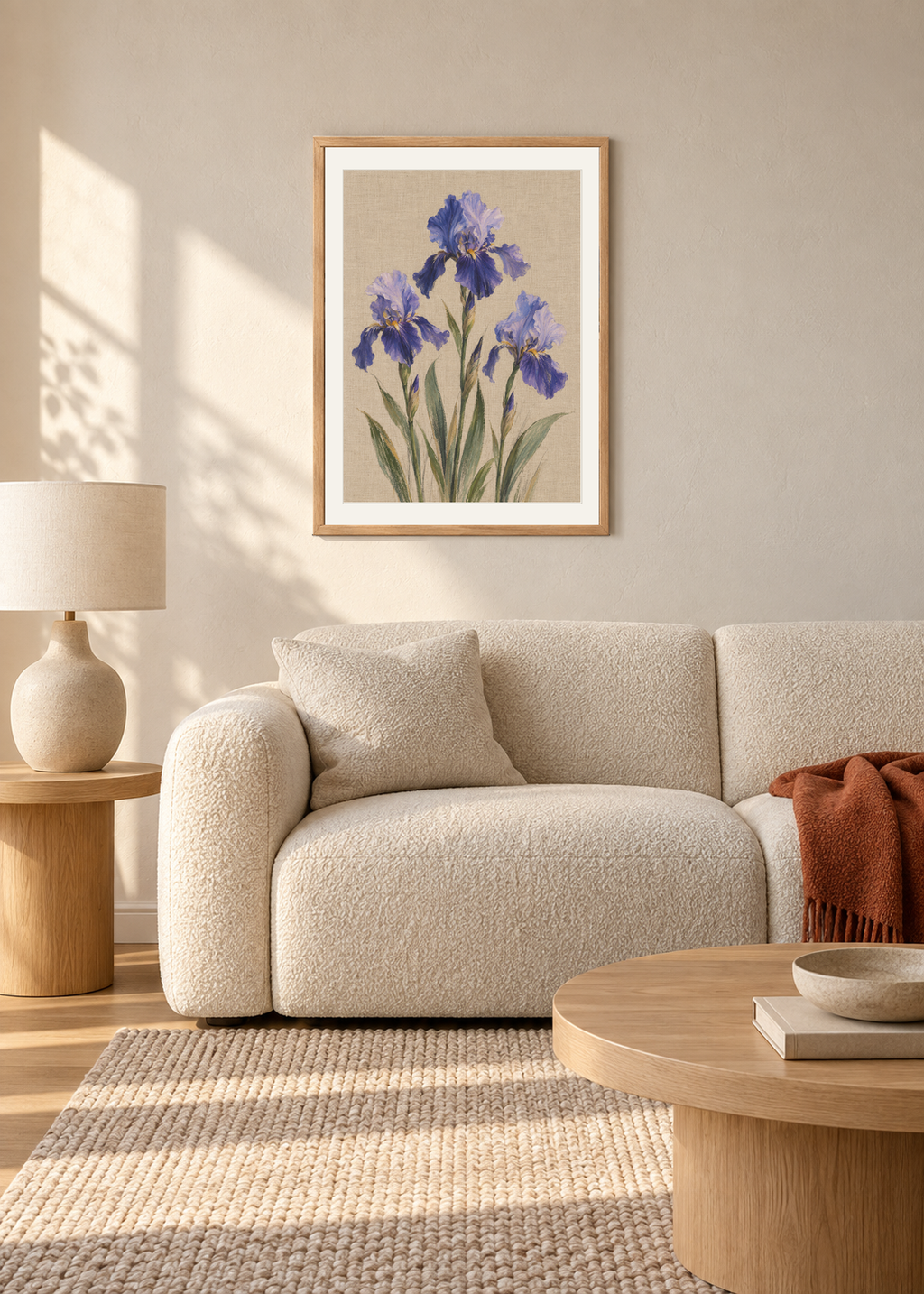 Iris on Linen, natural oak framed lifestyle presentation with Snow White mount