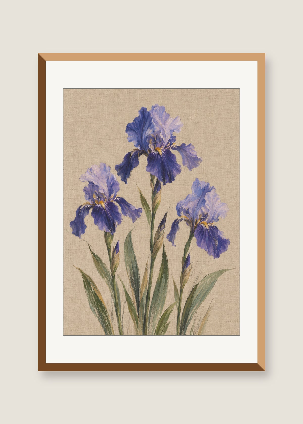 Iris on Linen, White mat with natural oak frame