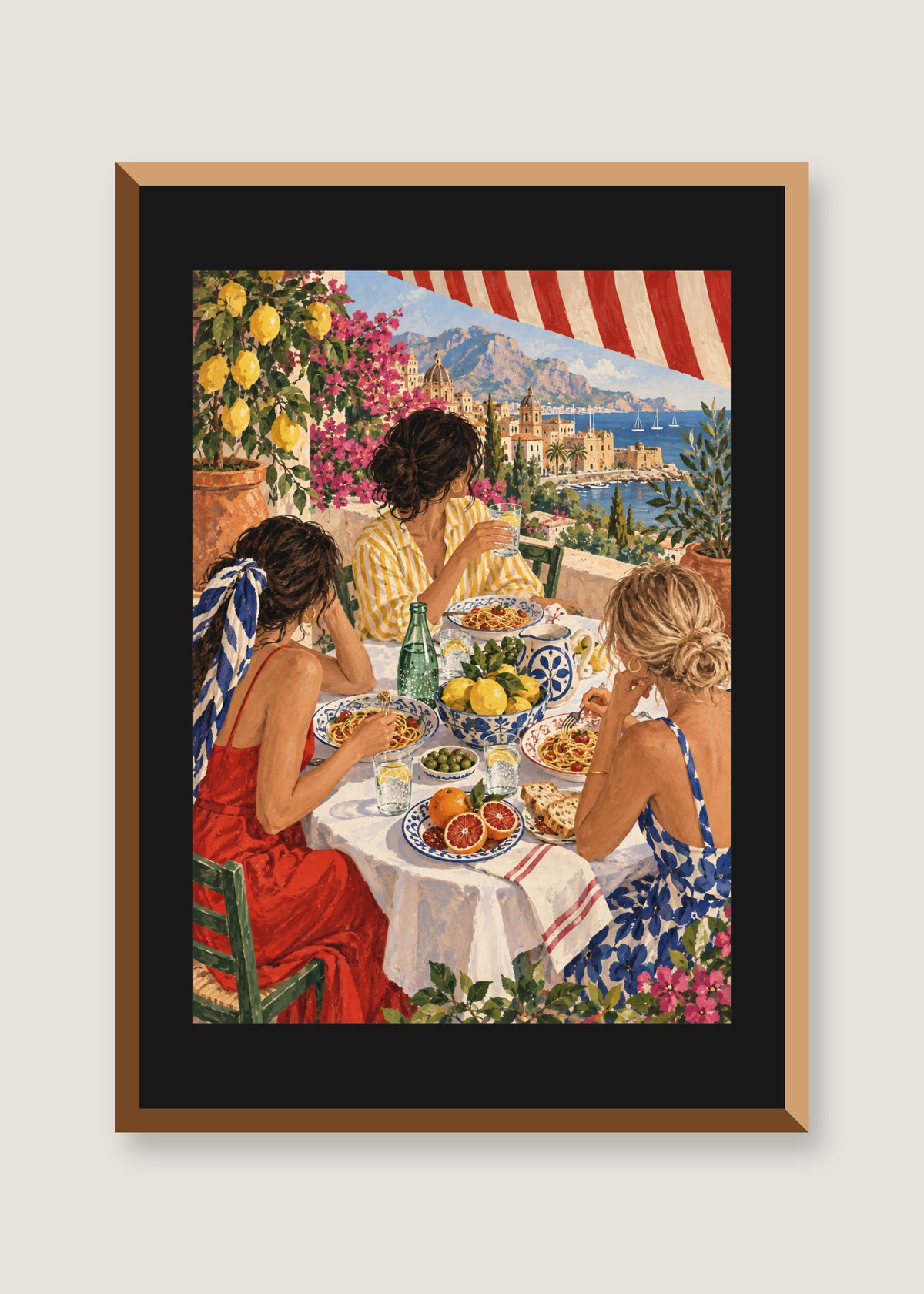Late Lunch in Palermo, Black mat with natural oak frame