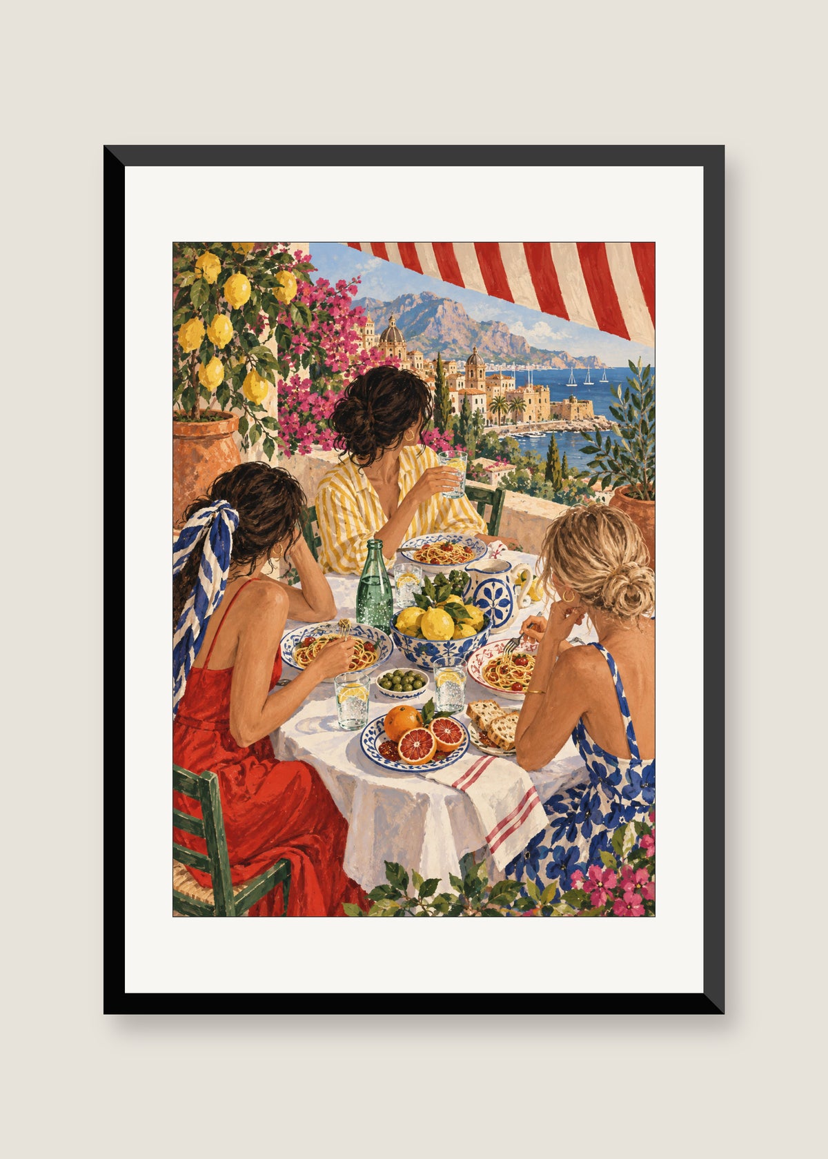 Late Lunch in Palermo, White mat with black frame