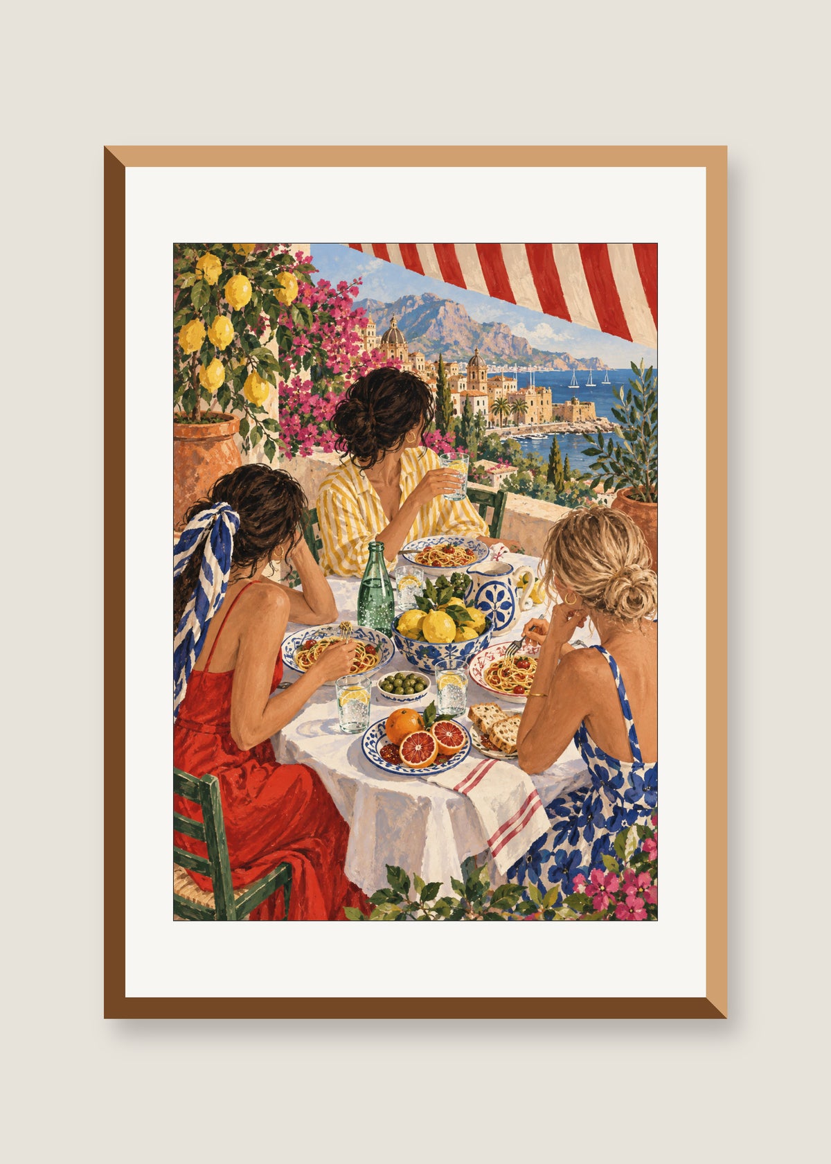 Late Lunch in Palermo, White mat with natural oak frame