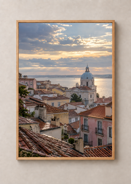 Lisbon Clearing, framed 50 by 70 centimetre art print in natural wood