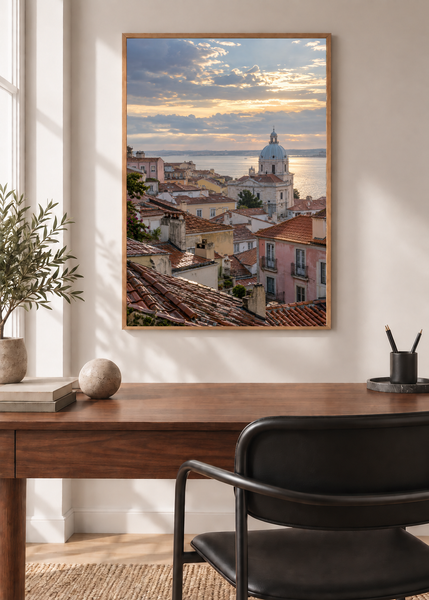 Lisbon Clearing, framed 50 by 70 centimetre art print styled in a modern interior