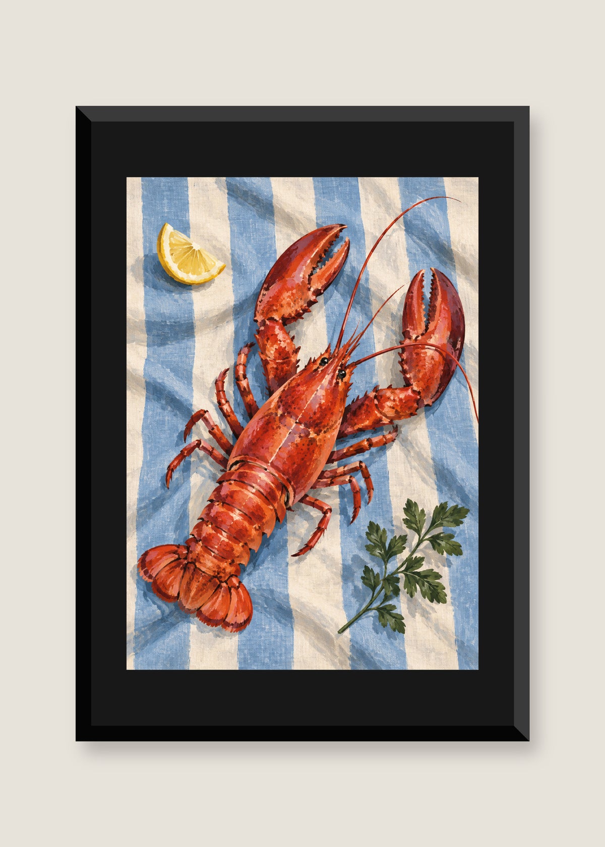 Lobster on Blue Linen, Black mat with black frame