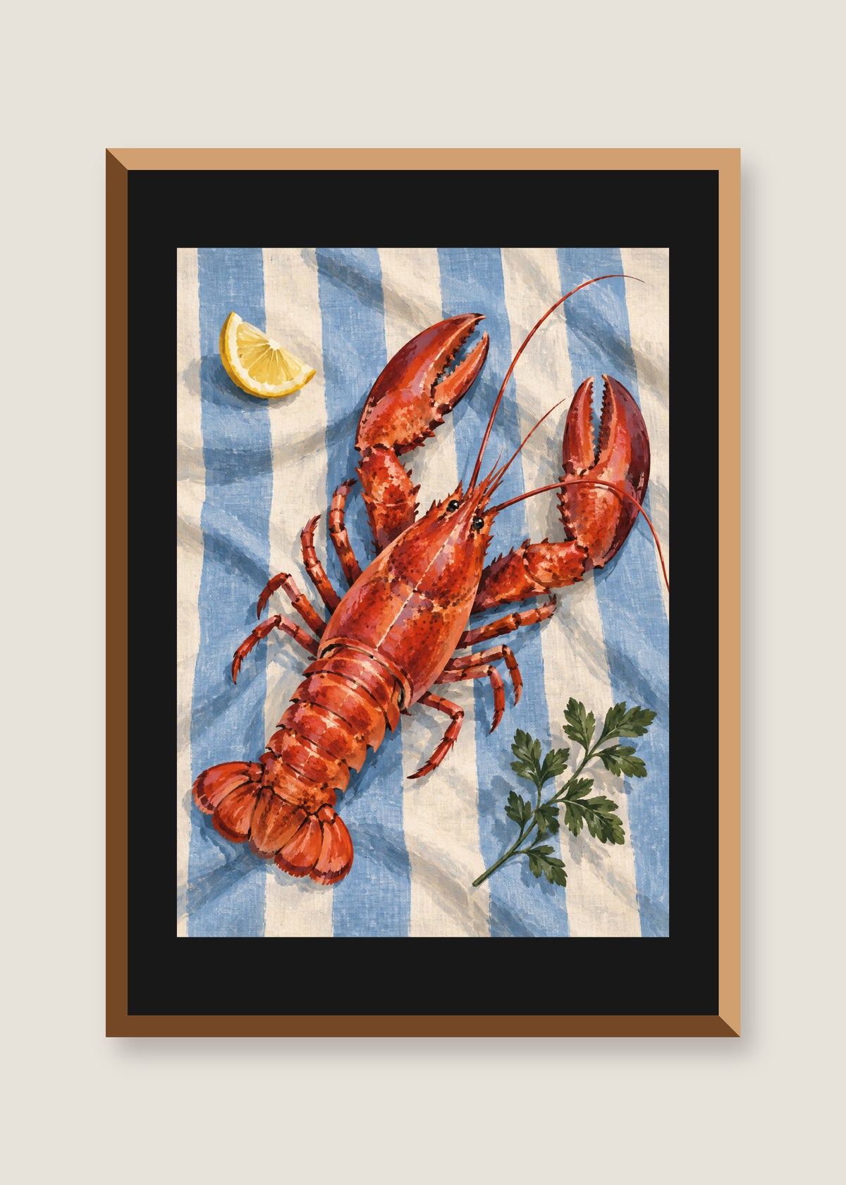 Lobster on Blue Linen, Black mat with natural oak frame