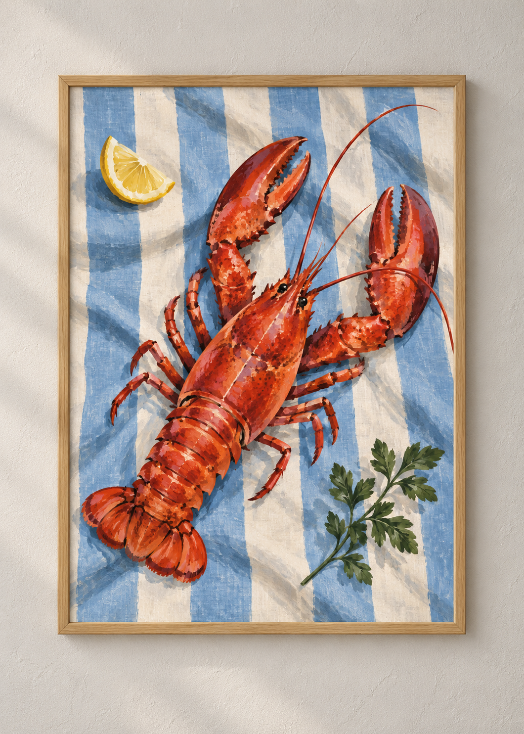 Lobster on Blue Linen framed natural oak 50 x 70 cm art print