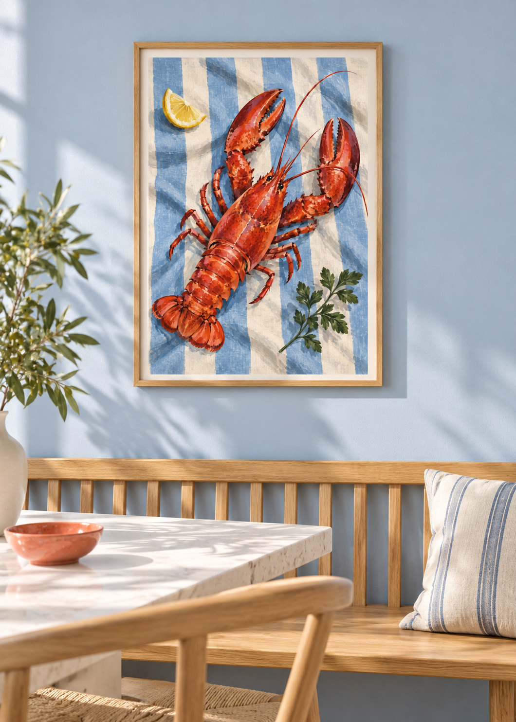 Lobster on Blue Linen framed art print in a Nordic dining room