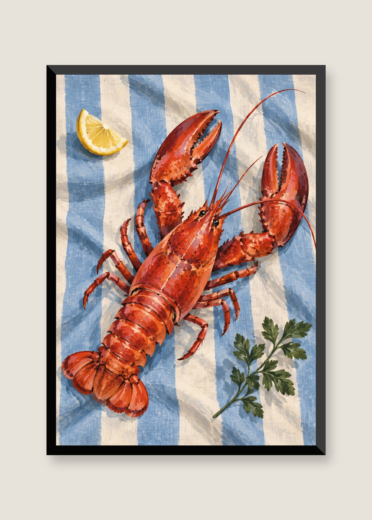 Lobster on Blue Linen, No mat with black frame