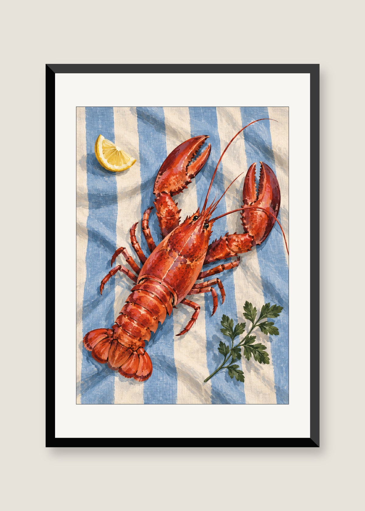 Lobster on Blue Linen, White mat with black frame
