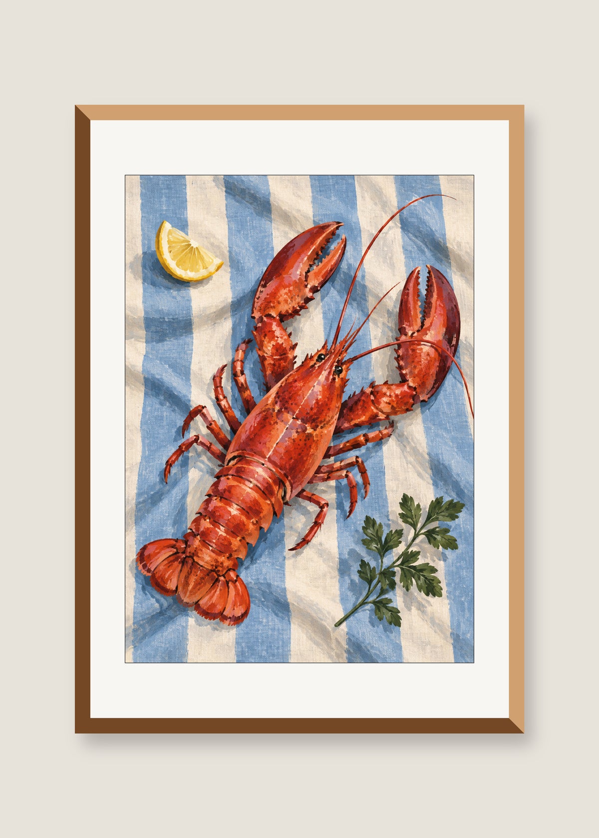 Lobster on Blue Linen, White mat with natural oak frame