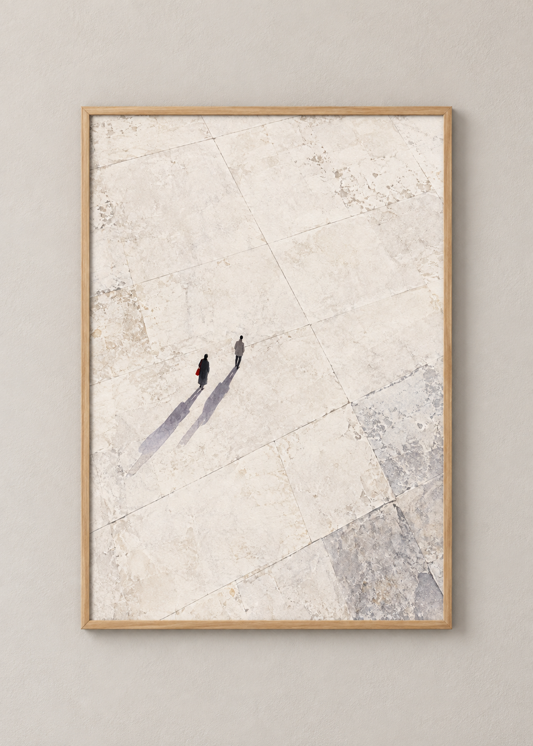 Long Shadows at Noon art print in a natural oak frame, shown at 50 x 70 cm