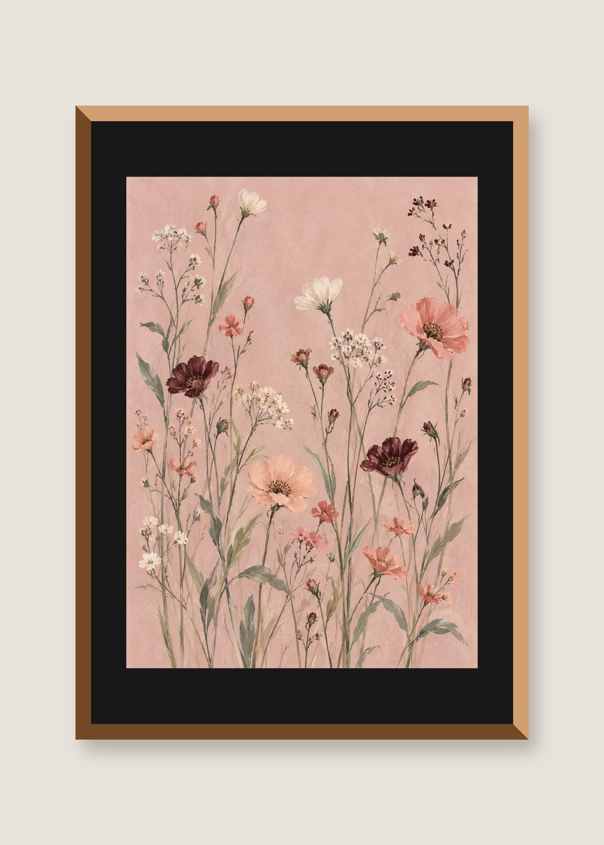 Meadow Veil in Blush, Black mat with natural oak frame