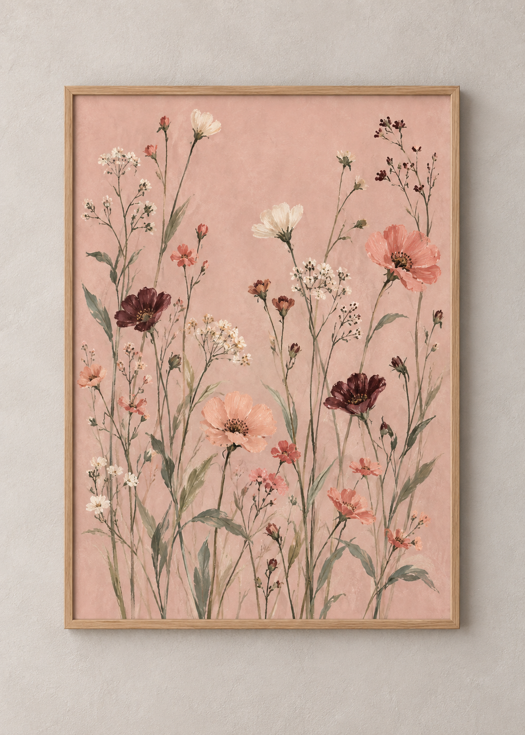 Meadow Veil in Blush framed natural oak 50 x 70 cm art print