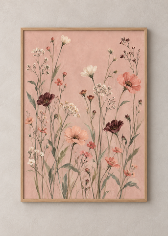 Meadow Veil in Blush framed natural oak 50 x 70 cm art print