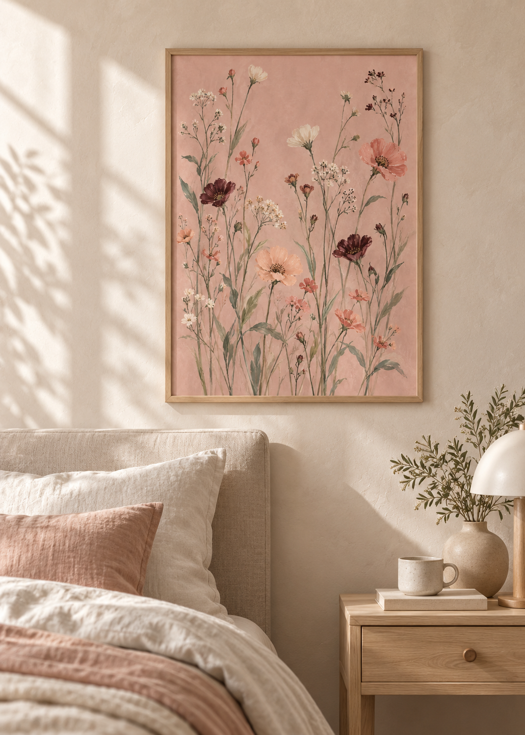 Meadow Veil in Blush framed art print in a Scandinavian bedroom