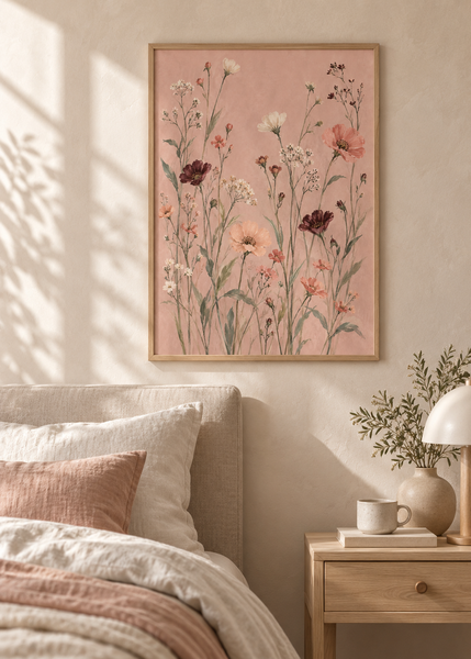 Meadow Veil in Blush framed art print in a Scandinavian bedroom