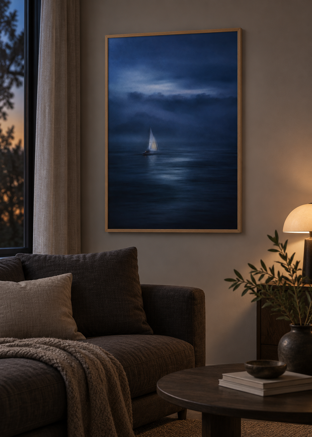 Midnight Passage framed art print in a moody Nordic living room
