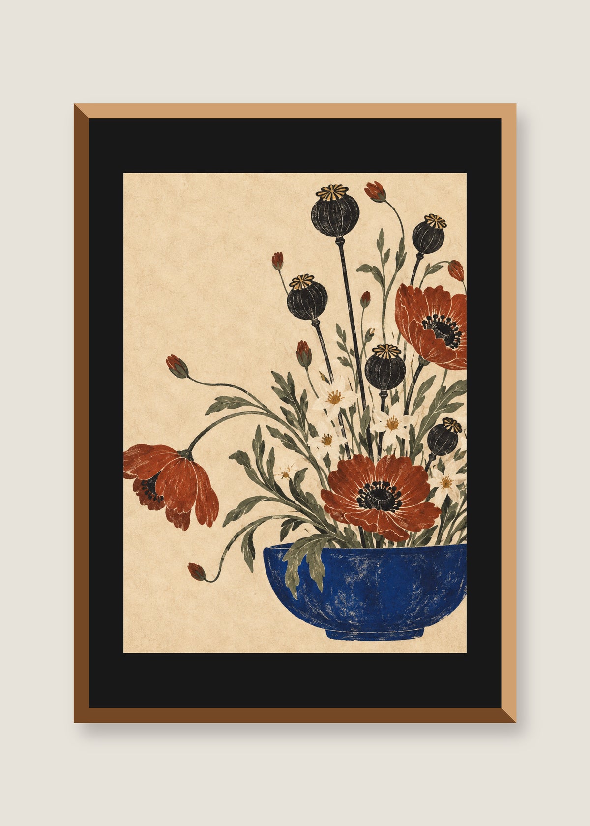 Moon Garden in Ochre, Black mat with natural oak frame