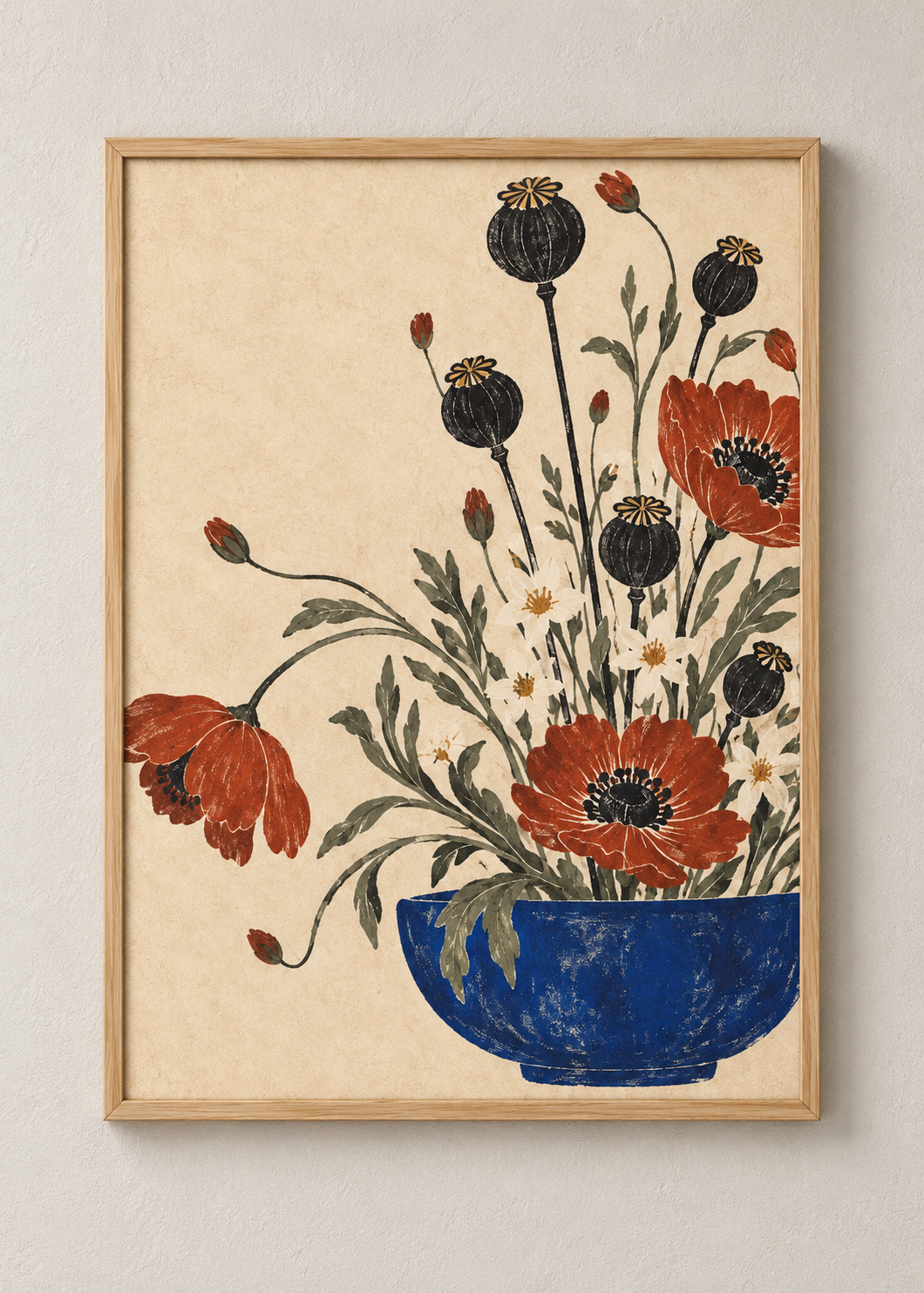 Moon Garden in Ochre framed natural oak 50 x 70 cm art print
