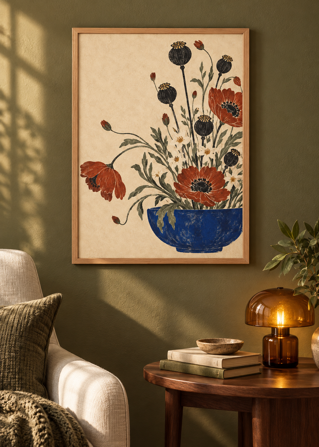Moon Garden in Ochre framed art print in a reading corner