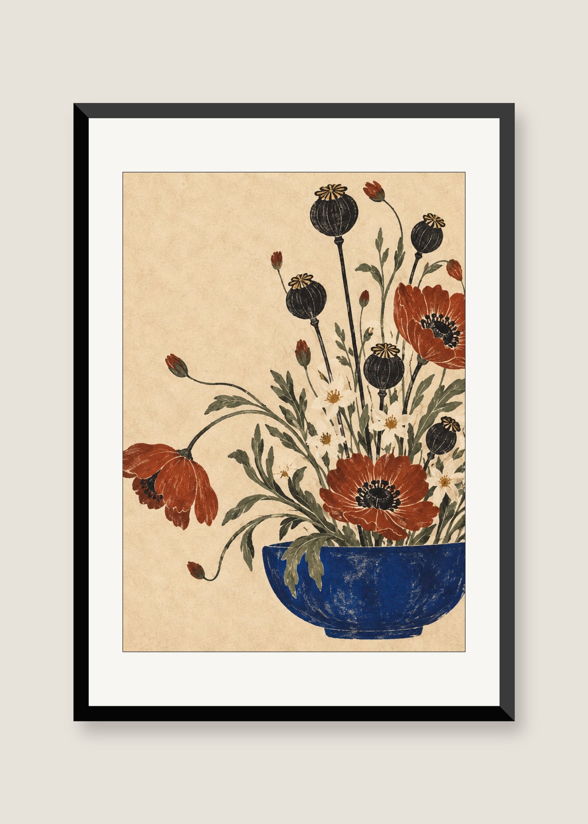 Moon Garden in Ochre, White mat with black frame