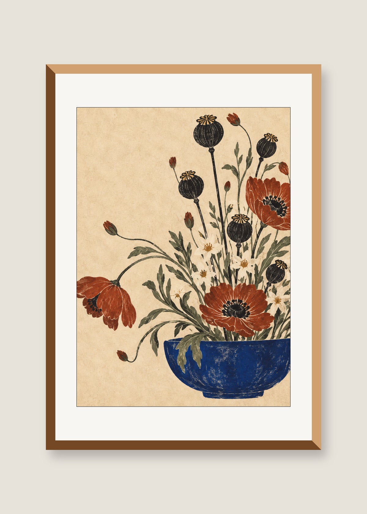 Moon Garden in Ochre, White mat with natural oak frame