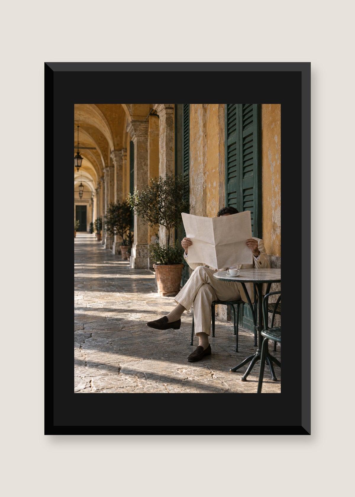 Morning Paper at Bar Luce, Black mat with black frame