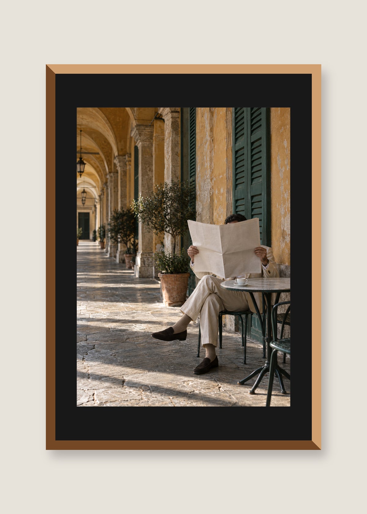 Morning Paper at Bar Luce, Black mat with natural oak frame
