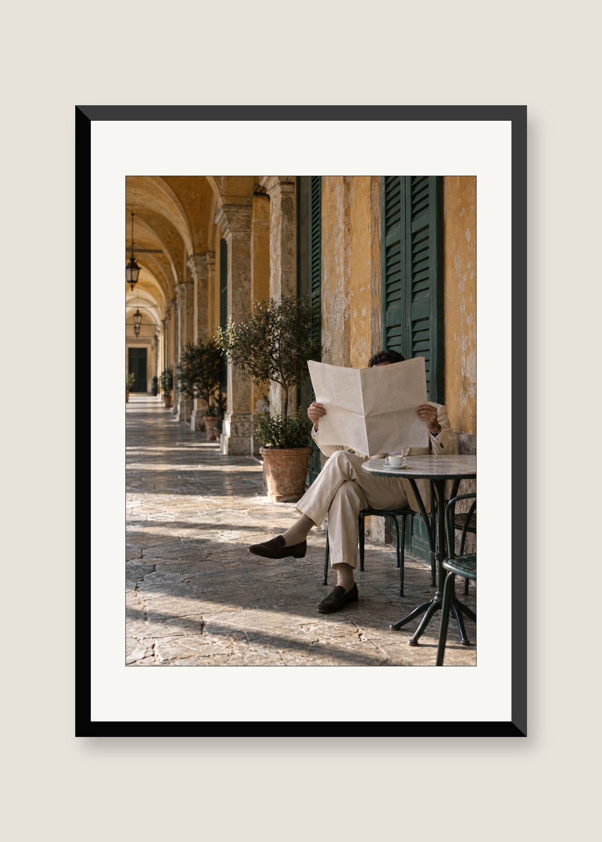 Morning Paper at Bar Luce, White mat with black frame