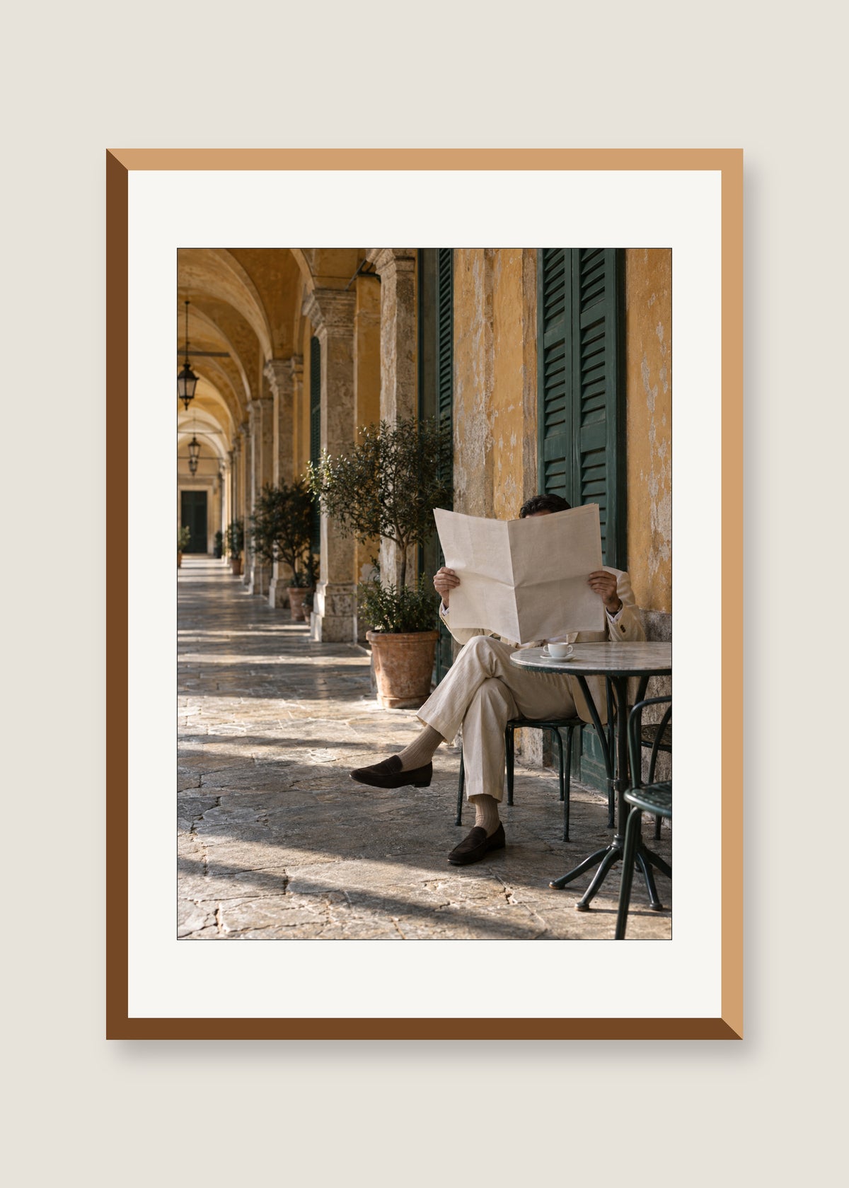 Morning Paper at Bar Luce, White mat with natural oak frame