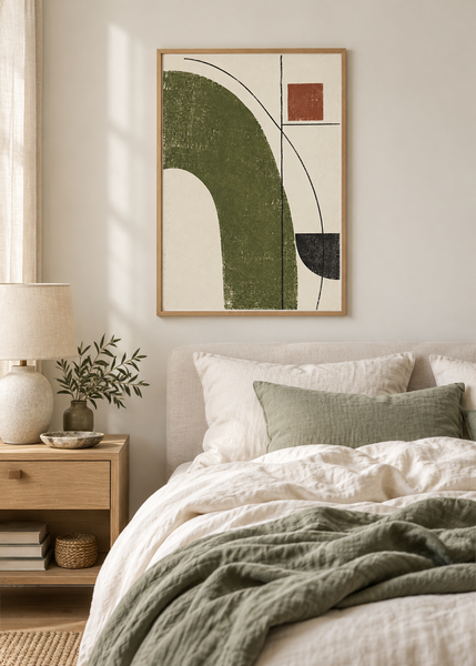 Moss Geometry, framed 50 by 70 centimetre abstract art print styled in an interior