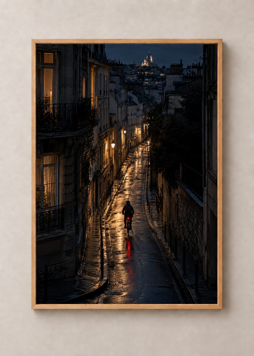 Night Bicycle, framed 50 by 70 centimetre art print in natural wood