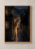 Night Bicycle, framed 50 by 70 centimetre art print in natural wood