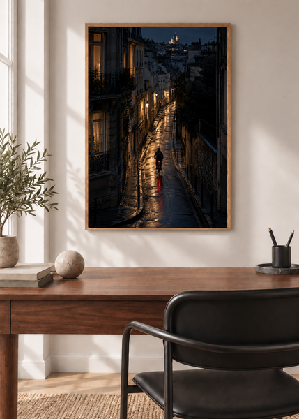 Night Bicycle, framed 50 by 70 centimetre art print styled in a modern interior