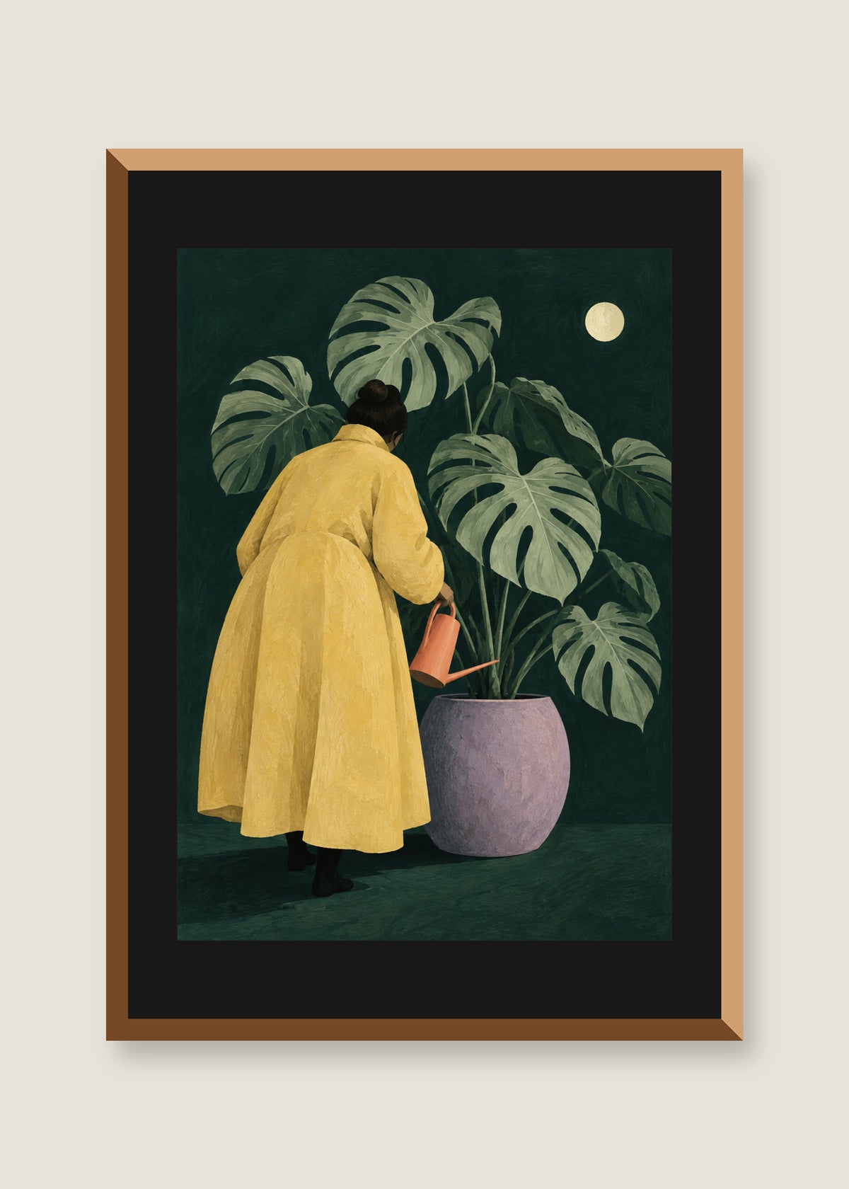 Night Gardener, Black mat with natural oak frame
