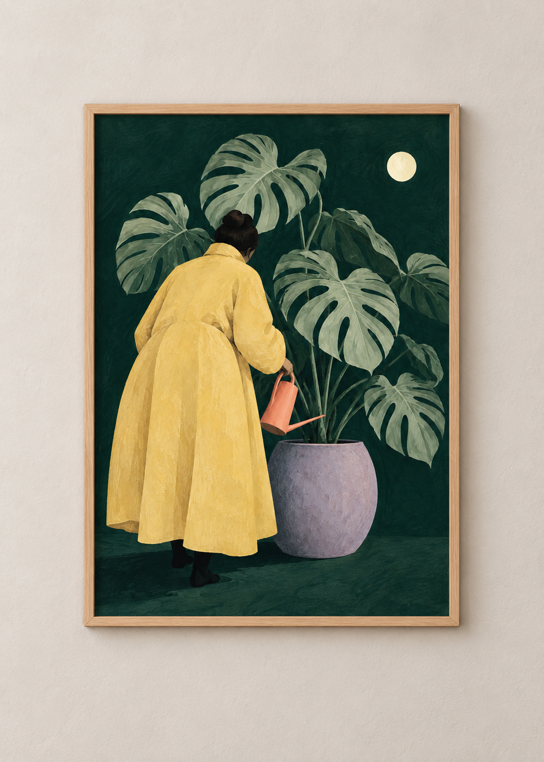 Night Gardener art print in a natural oak frame, shown at 50 x 70 cm