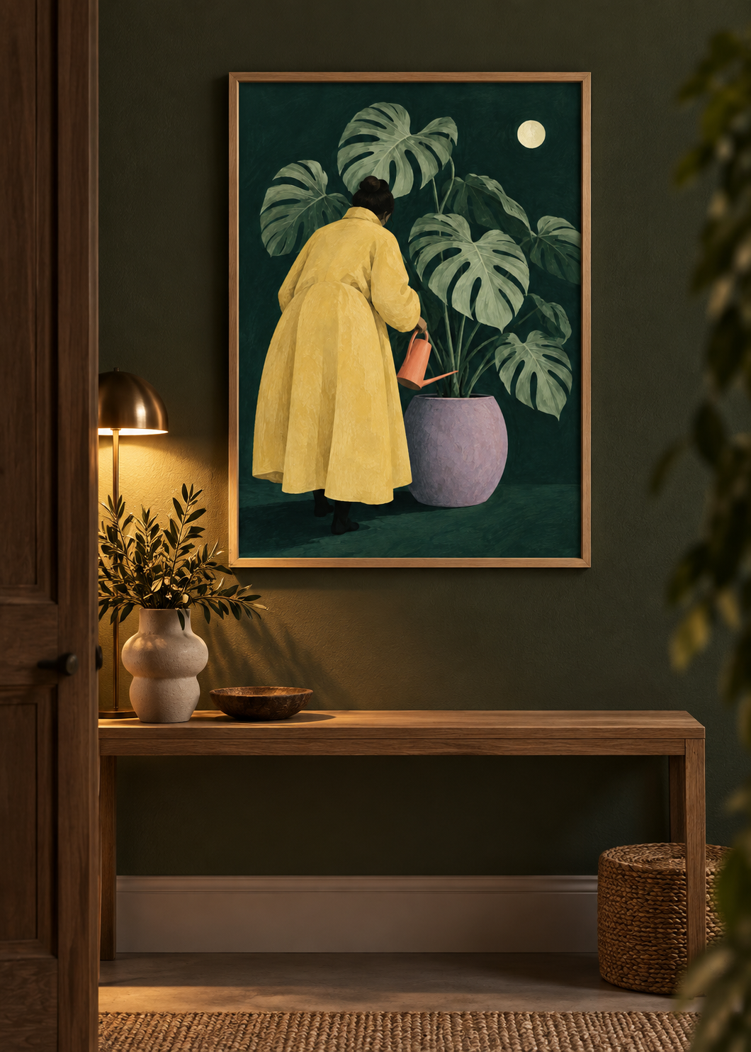Night Gardener framed 50 x 70 cm poster styled in a contemporary interior