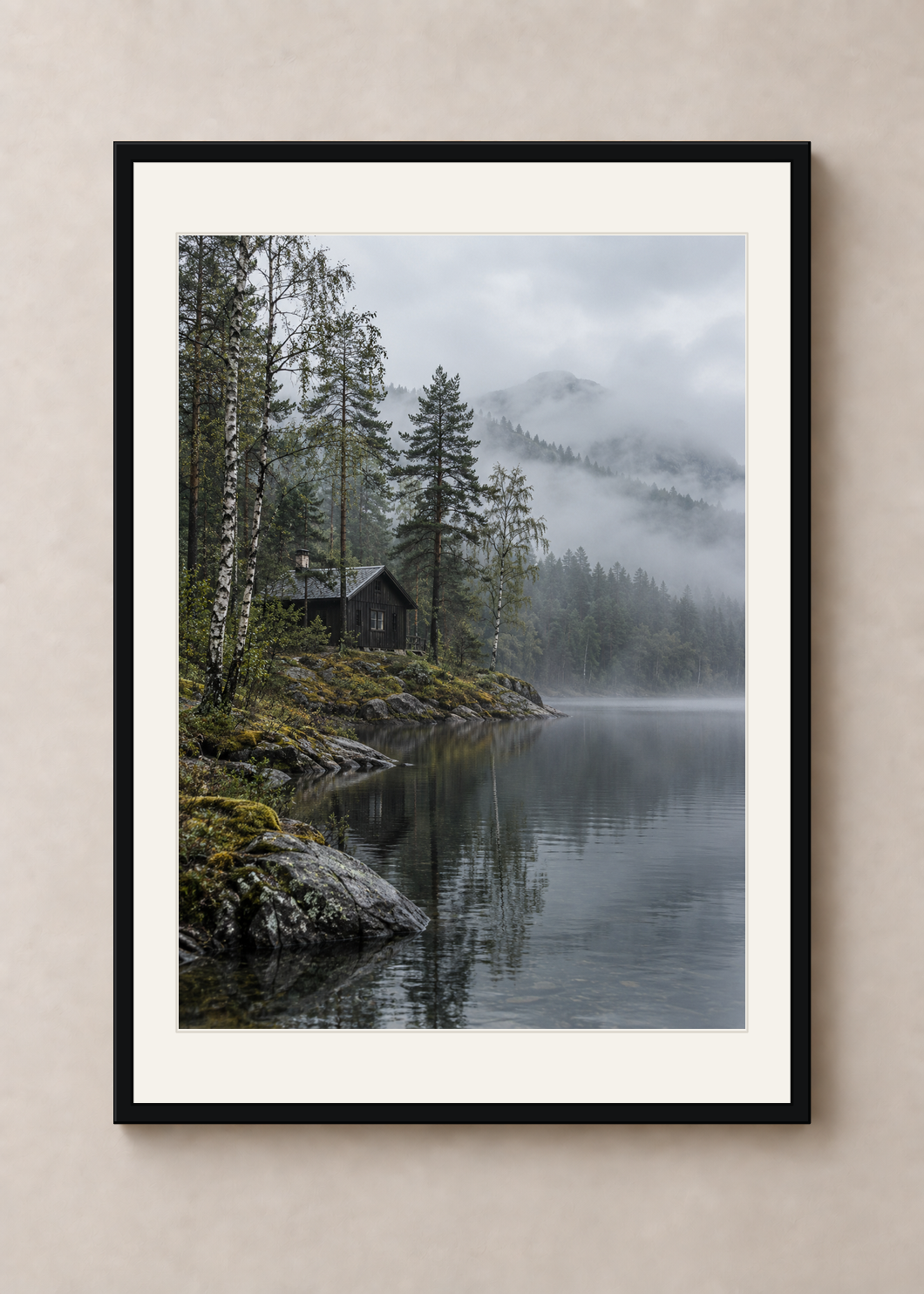 Nordic Cabin After Rain, black Classic frame with Snow White mount, shown at 50 x 70 cm