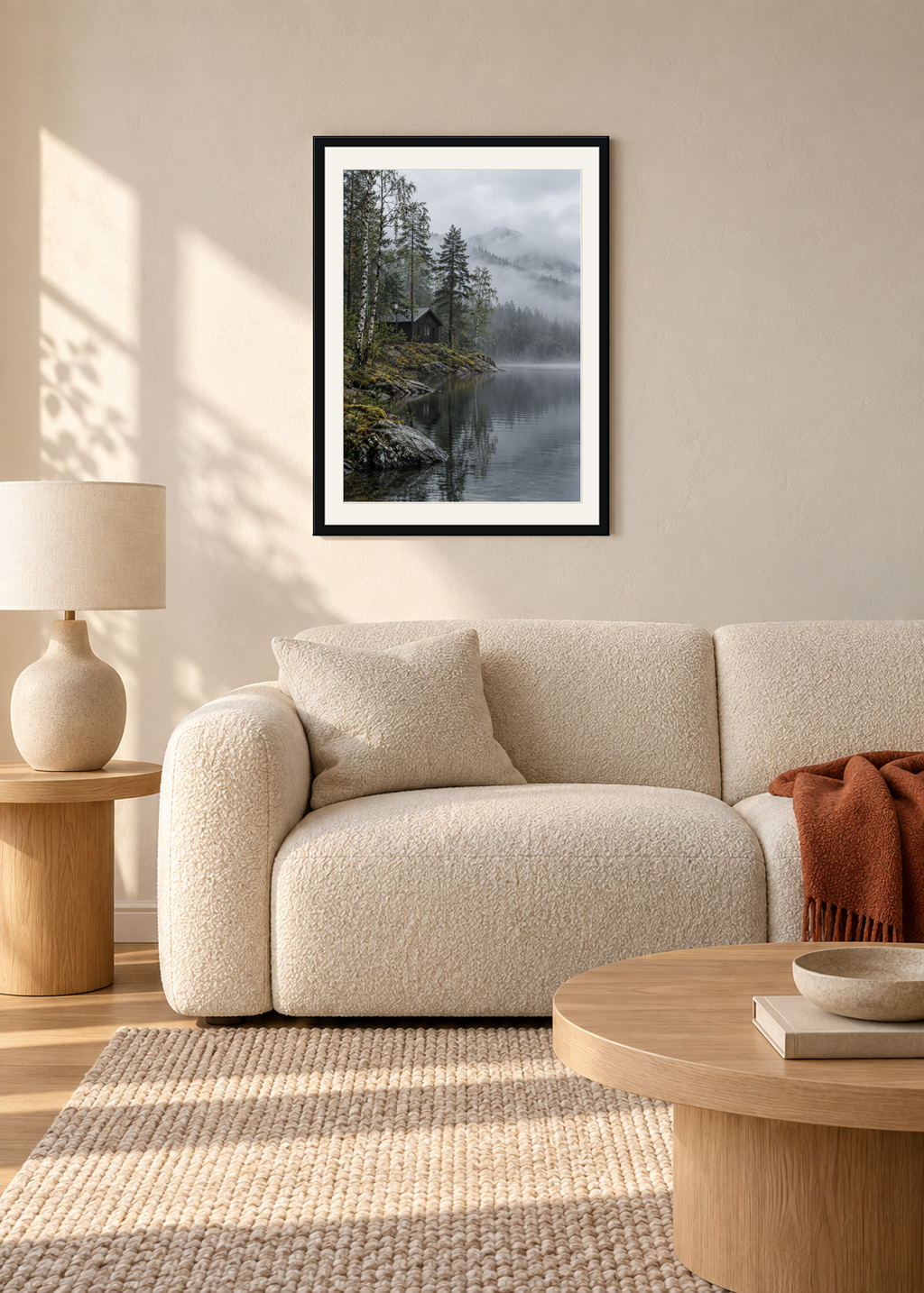 Nordic Cabin After Rain, black framed lifestyle presentation with Snow White mount