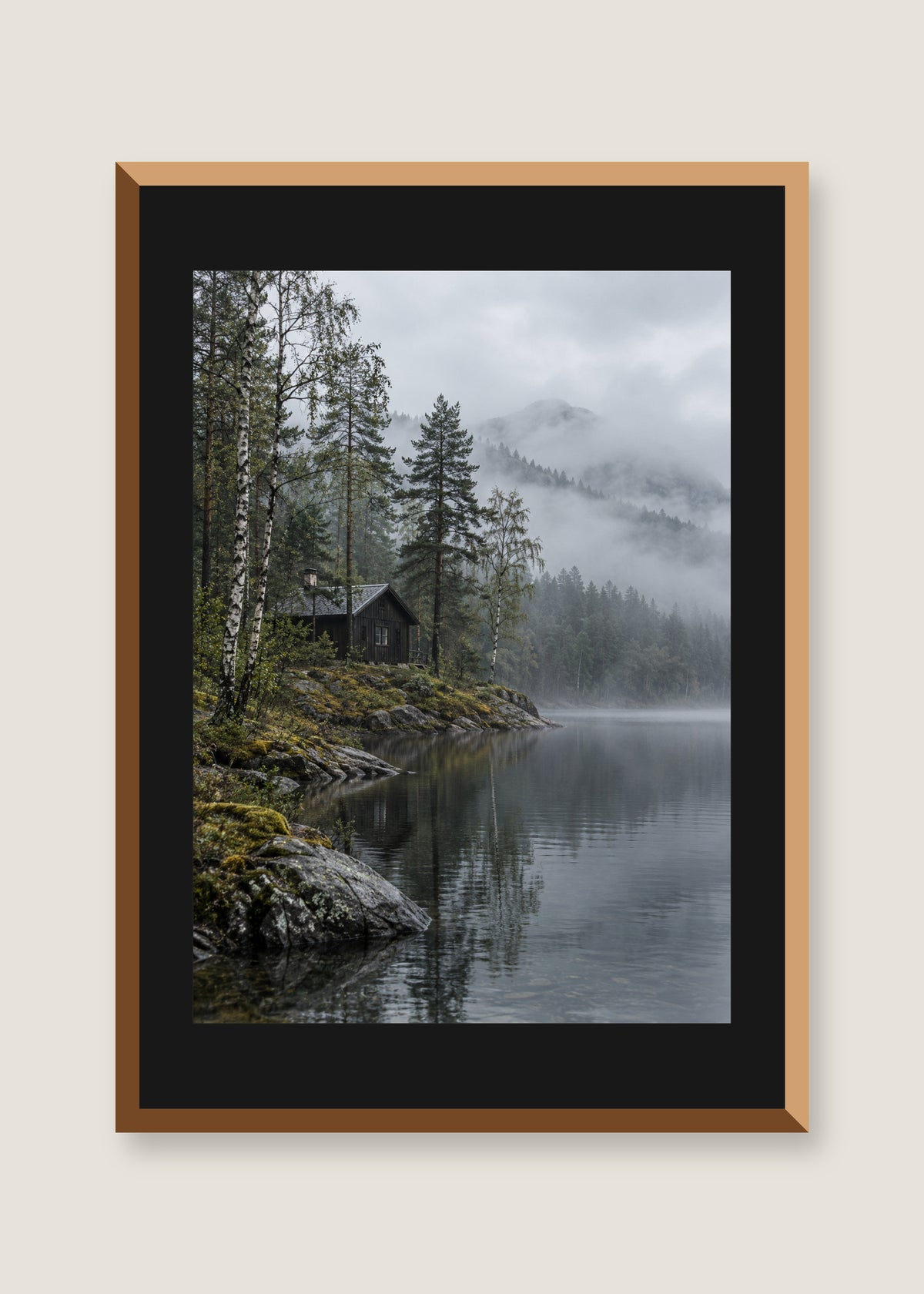 Nordic Cabin After Rain, Black mat with natural oak frame