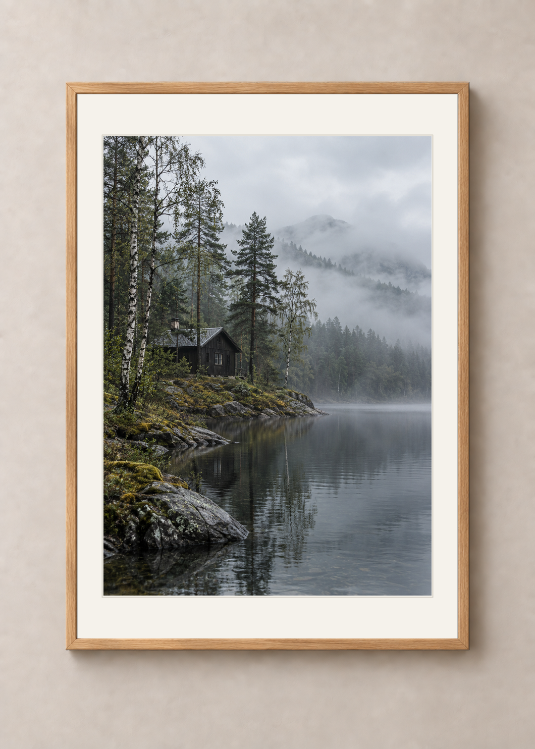 Nordic Cabin After Rain, natural oak Classic frame with Snow White mount, shown at 50 x 70 cm